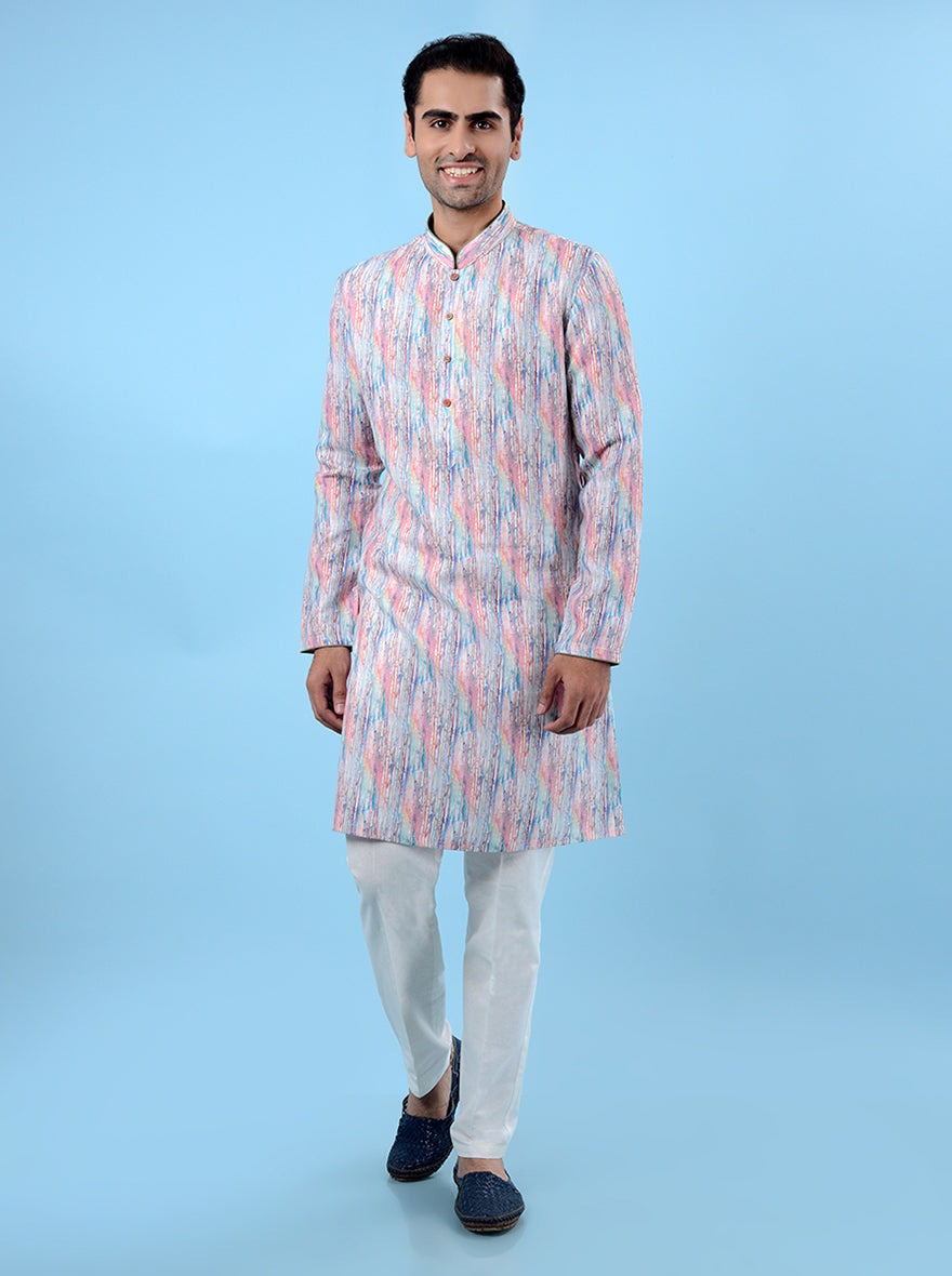 Comfortable white linen kurta pajama for men, designed with a regular fit for casual and festive wear.