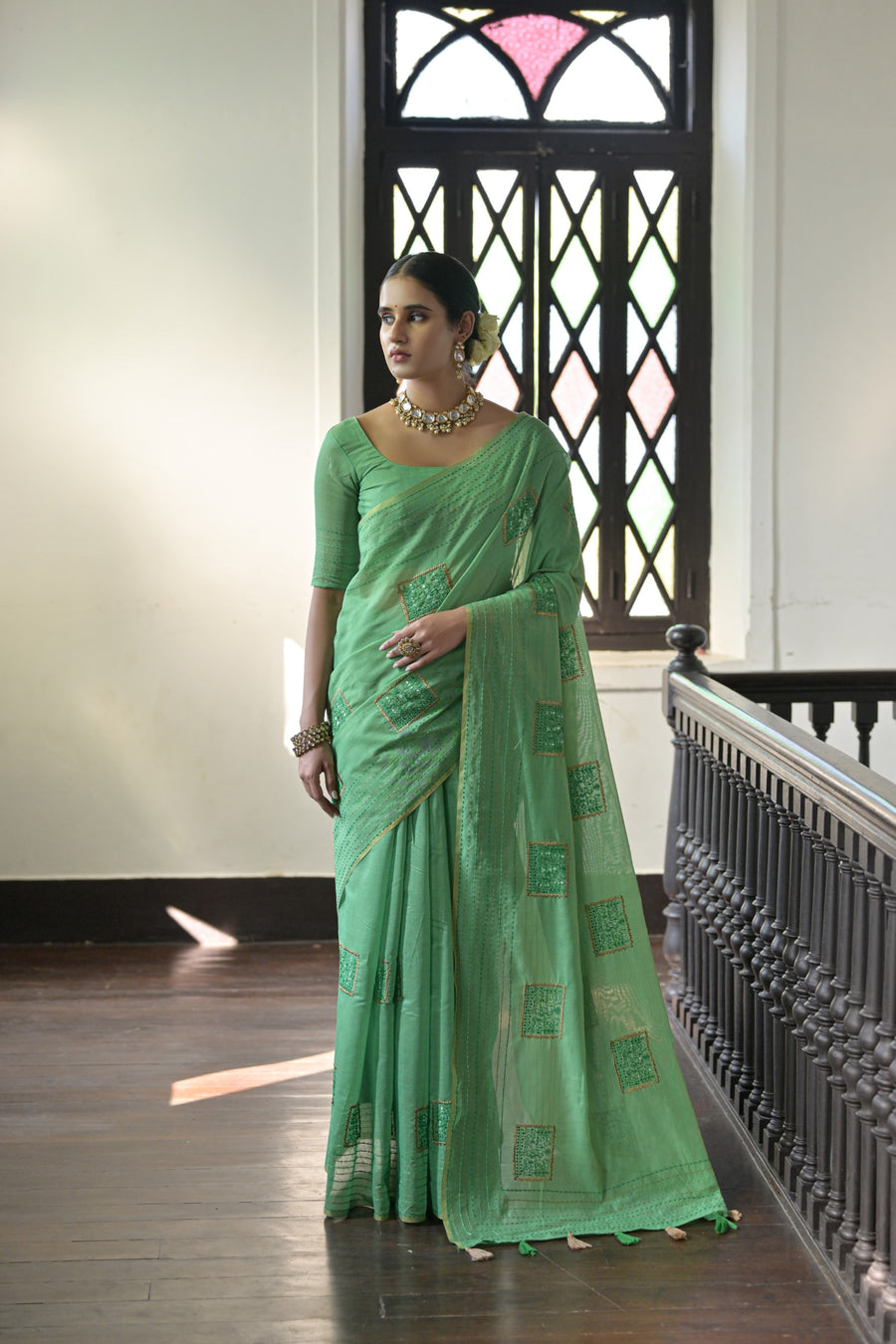 Beautiful light-green Kantha stitch saree made from handloom Khadi Tussar silk, featuring intricate stitching for an elegant look.