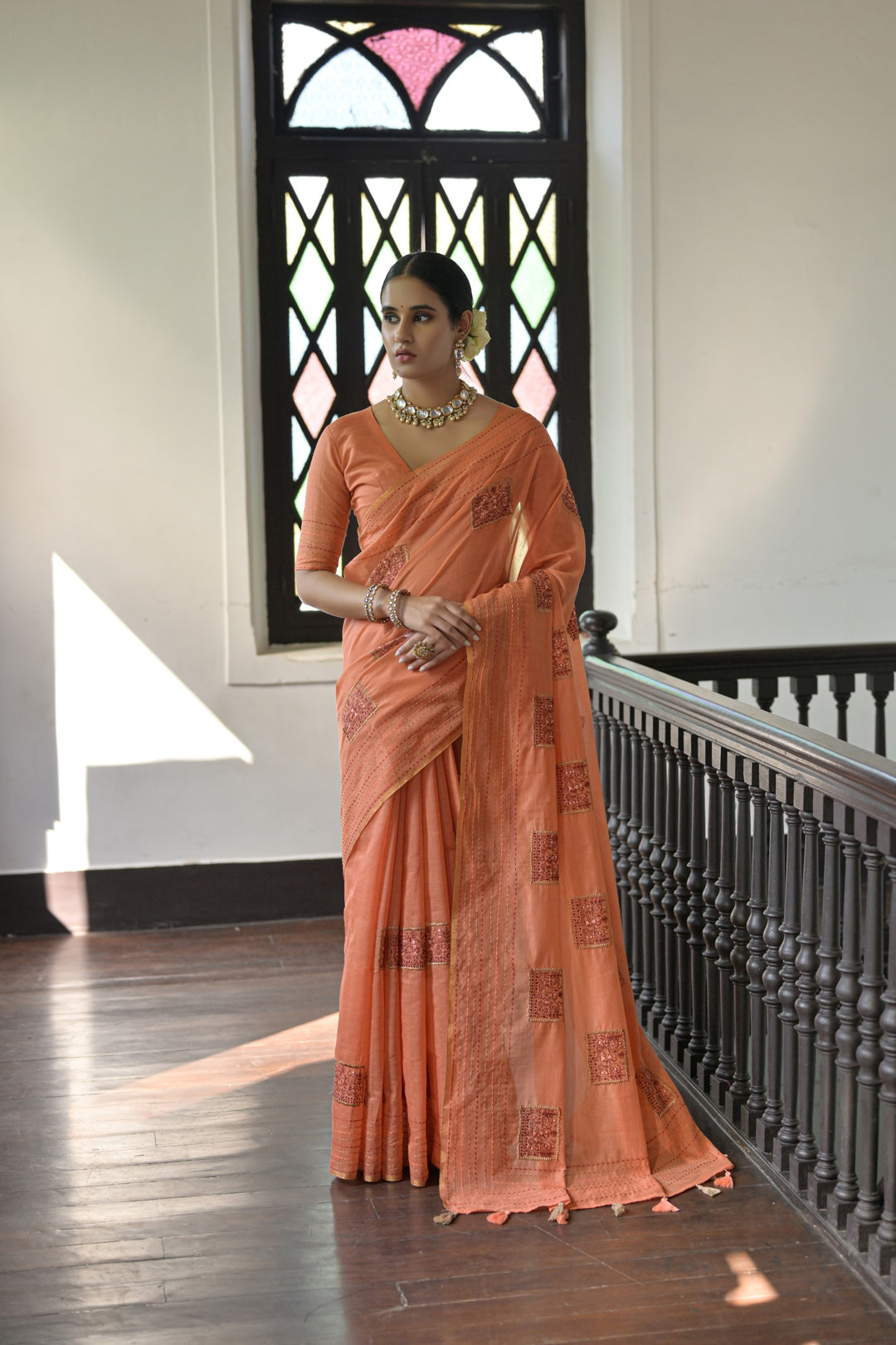 Stunning light-green Kantha stitch saree with exquisite handloom Khadi Tussar silk, perfect for festive occasions.