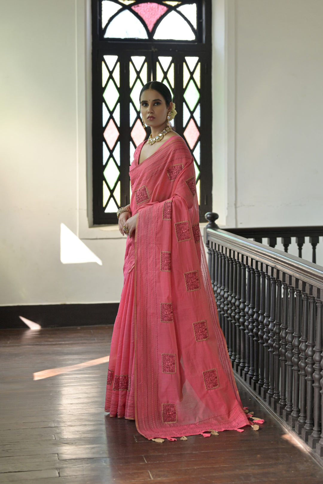 Gorgeous orange Kantha stitch saree in handloom Khadi Tussar silk, perfect for adding a pop of color to any occasion.