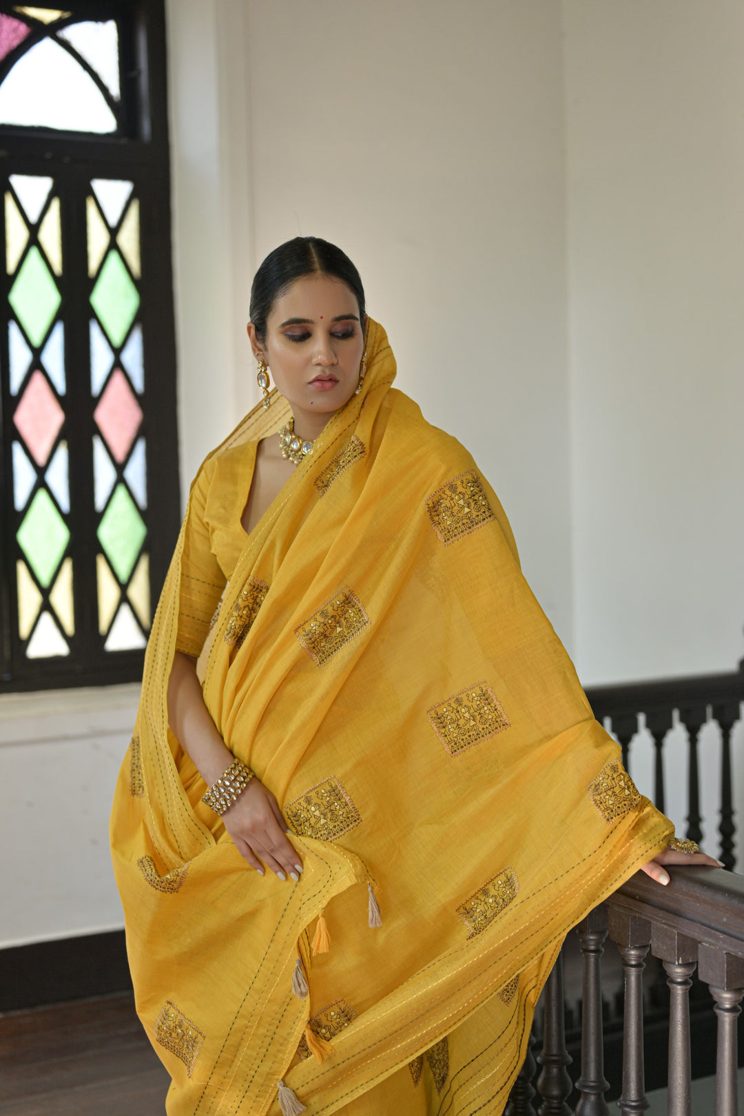 Gorgeous pink Kantha stitch saree in handloom Khadi Tussar silk, ideal for adding elegance to festive occasions.