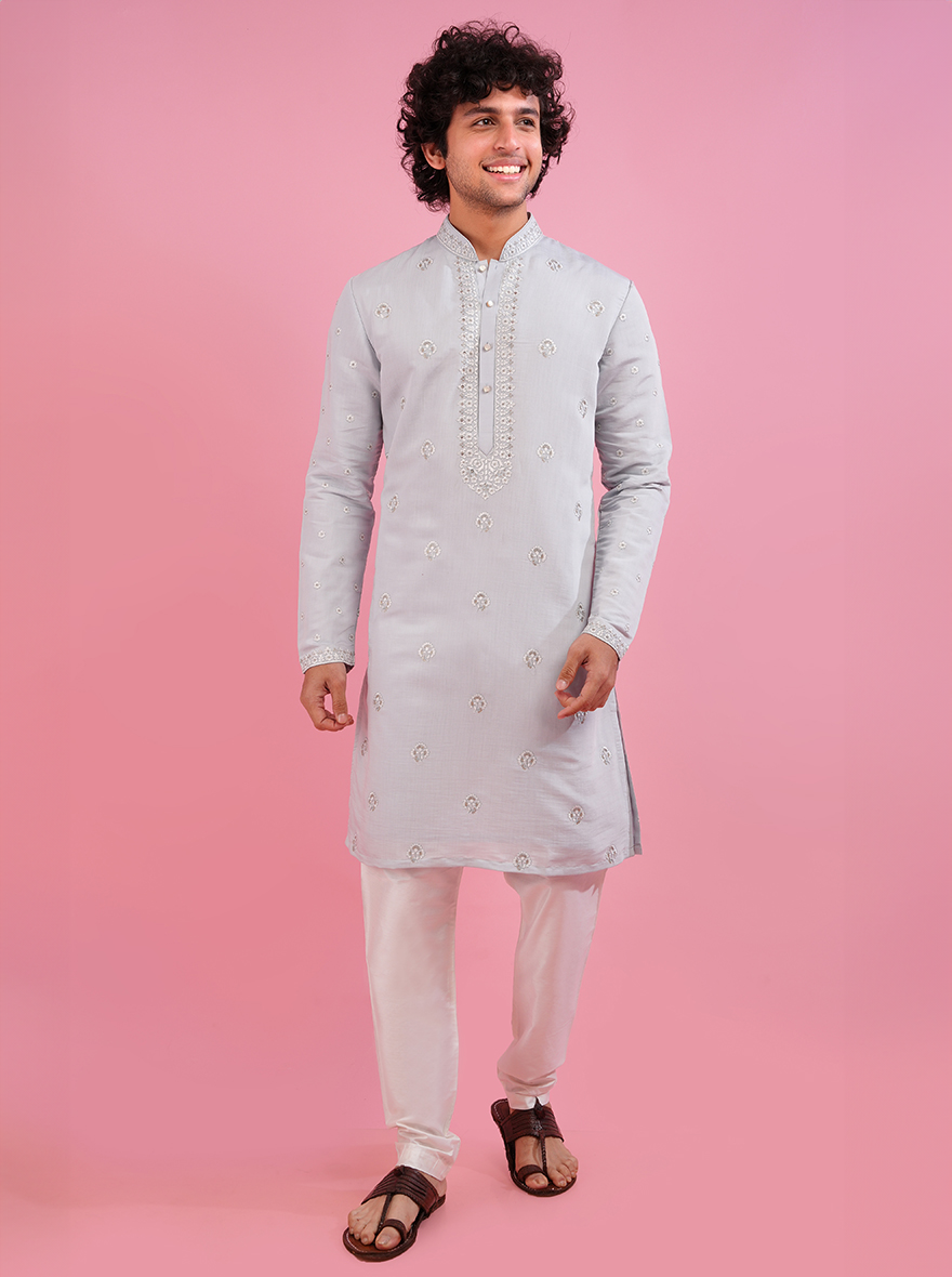 Celebrate in comfort and style with this sky blue kurta pajama, ideal for weddings and festive occasions.