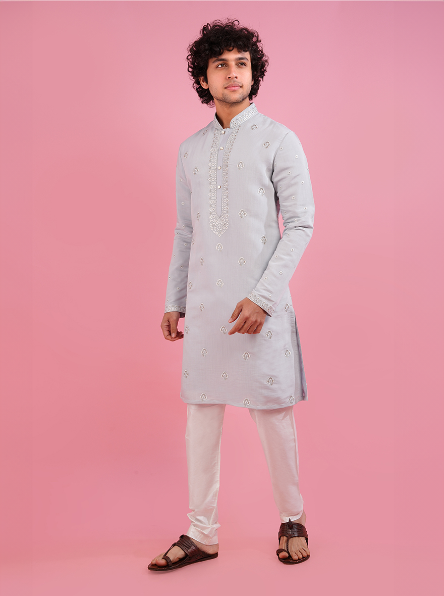 Embrace sophistication with this elegant sky blue kurta pajama set, designed for the modern man.