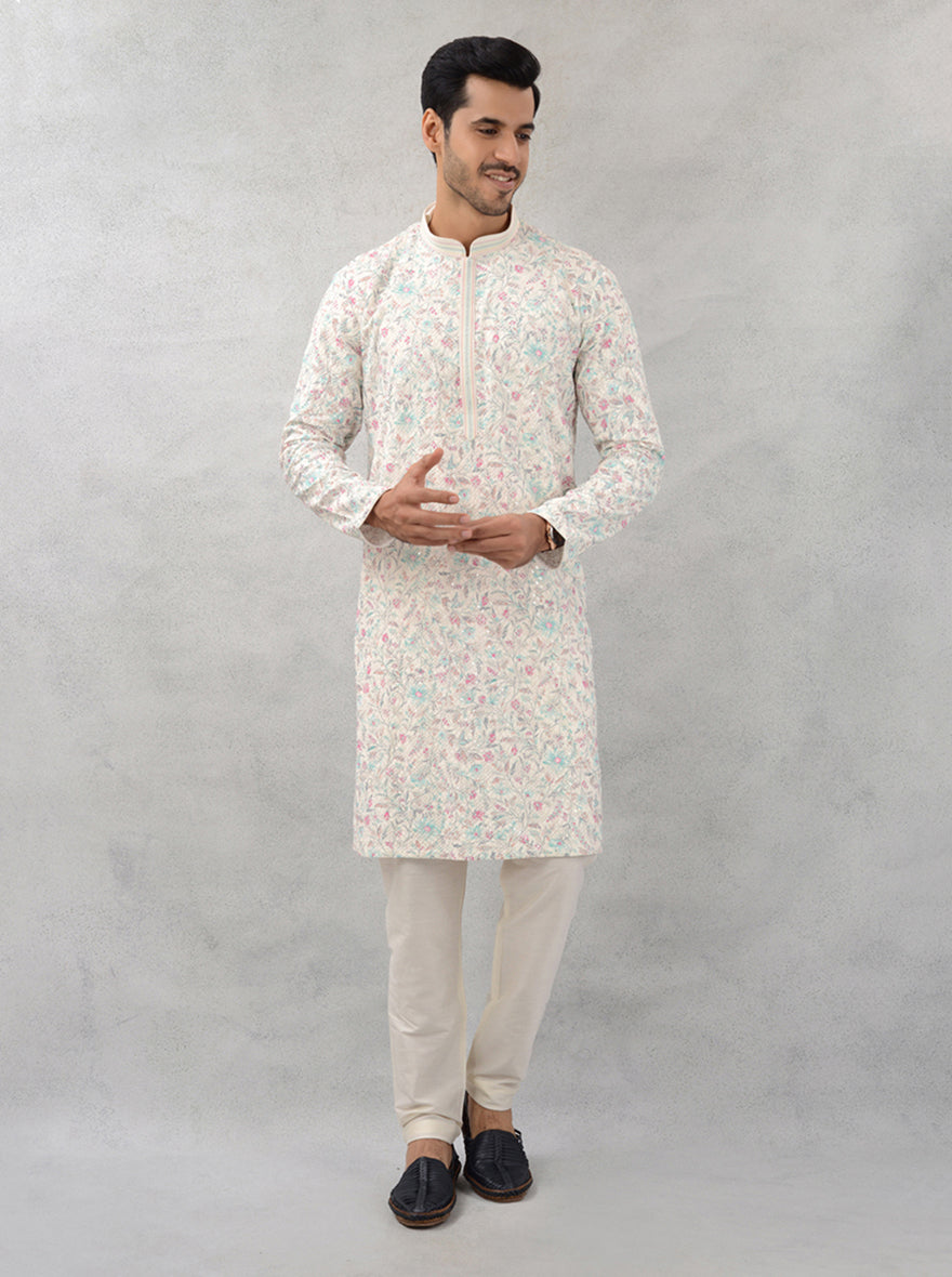 Stylish Cream Silk Blend Kurta Pajama set, ideal for festive celebrations and special events in the USA.