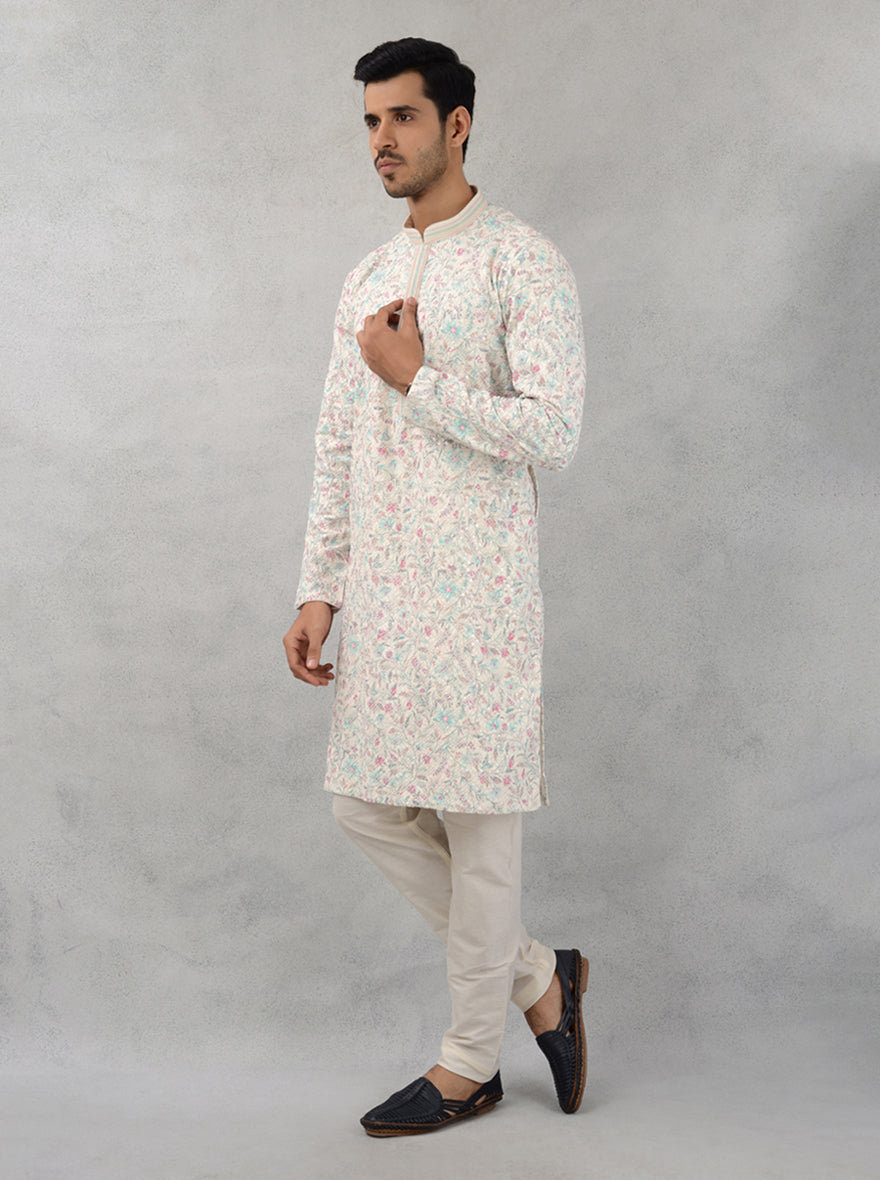 Cream embroidered kurta pajama, ideal for sangeet, soft feel for USA