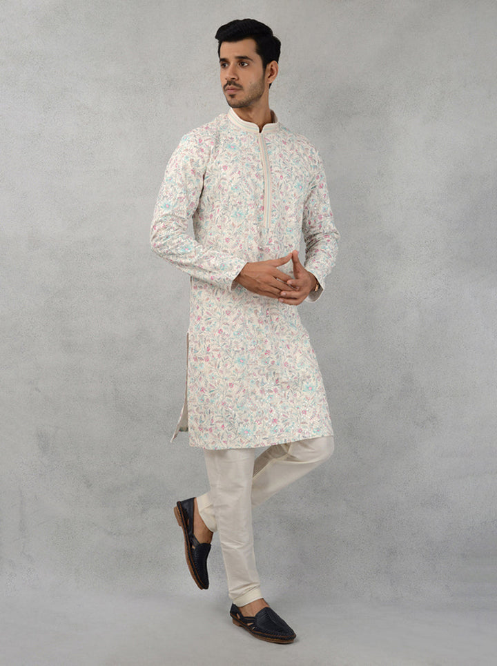 Cream kurta pajama with embroidery, soft silk blend for USA events