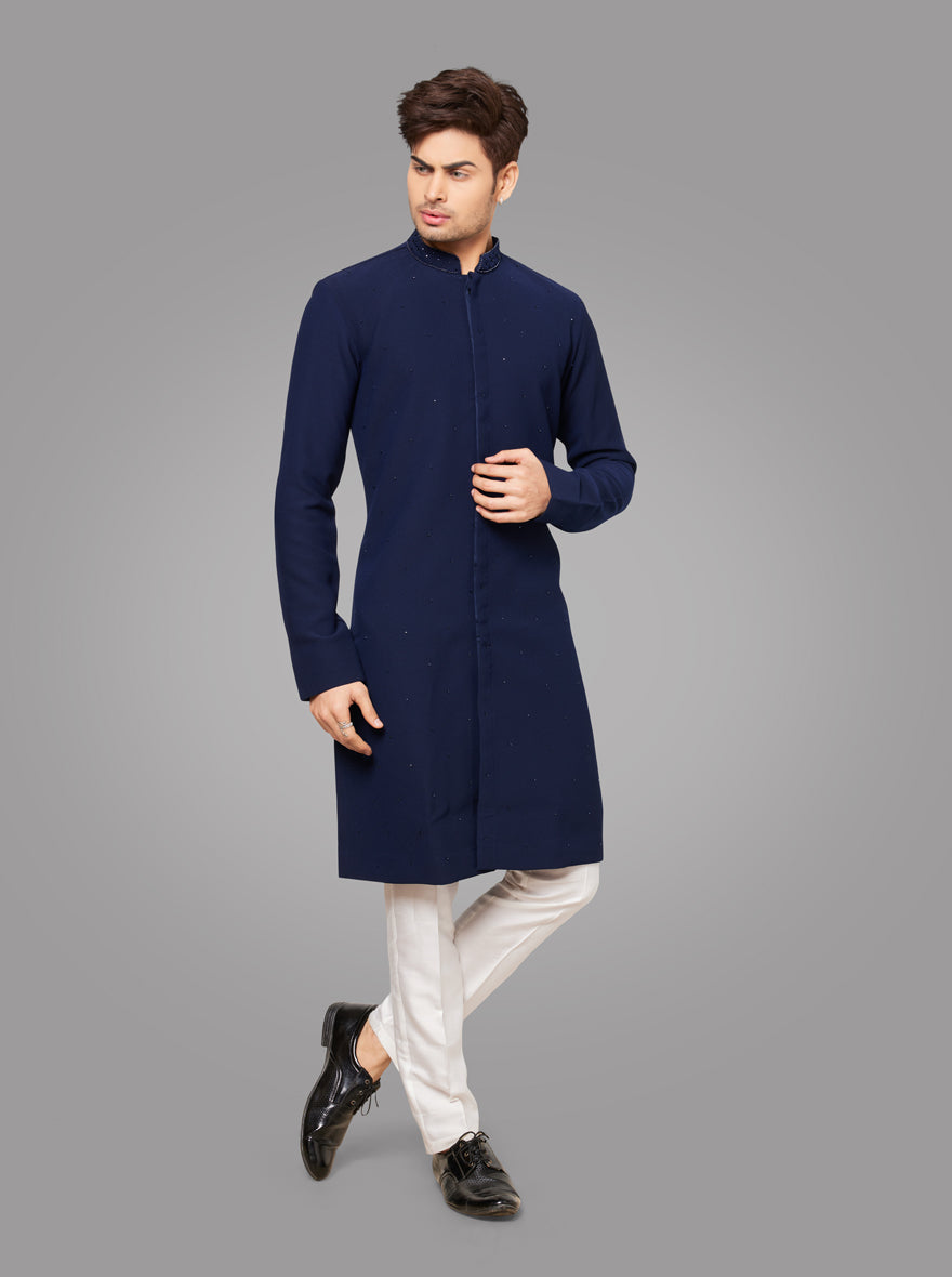 Navy Blue Kurta Pajama for men with intricate cut dana embroidery, perfect for festive occasions.