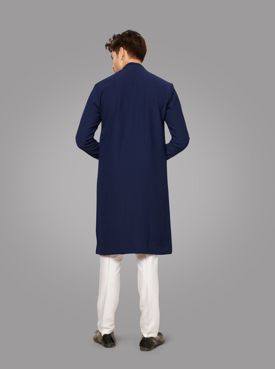 Luxurious navy blue kurta set, ideal for making a statement at sangeet functions and other celebrations in the USA.