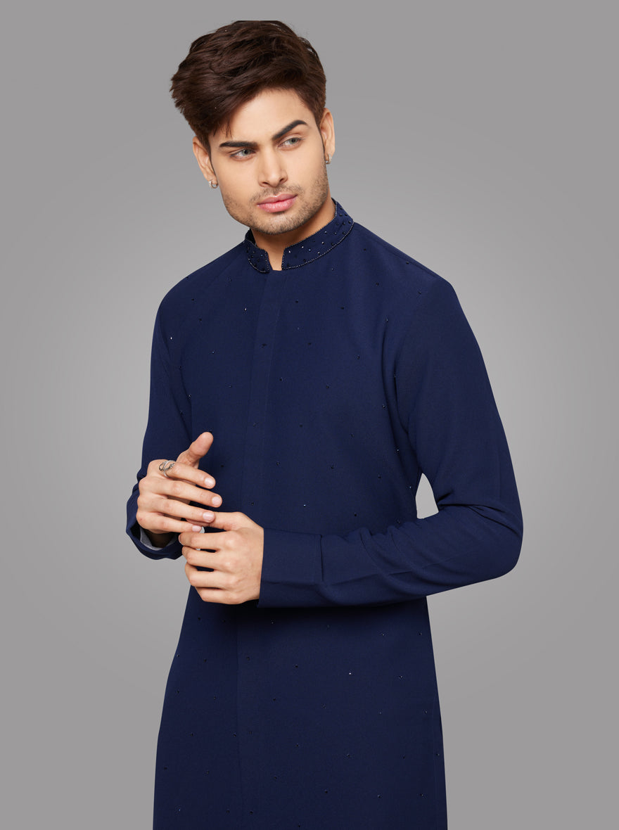 Men’s Navy Blue Embroidered Kurta Pajama set for weddings, sangeet, and celebrations.