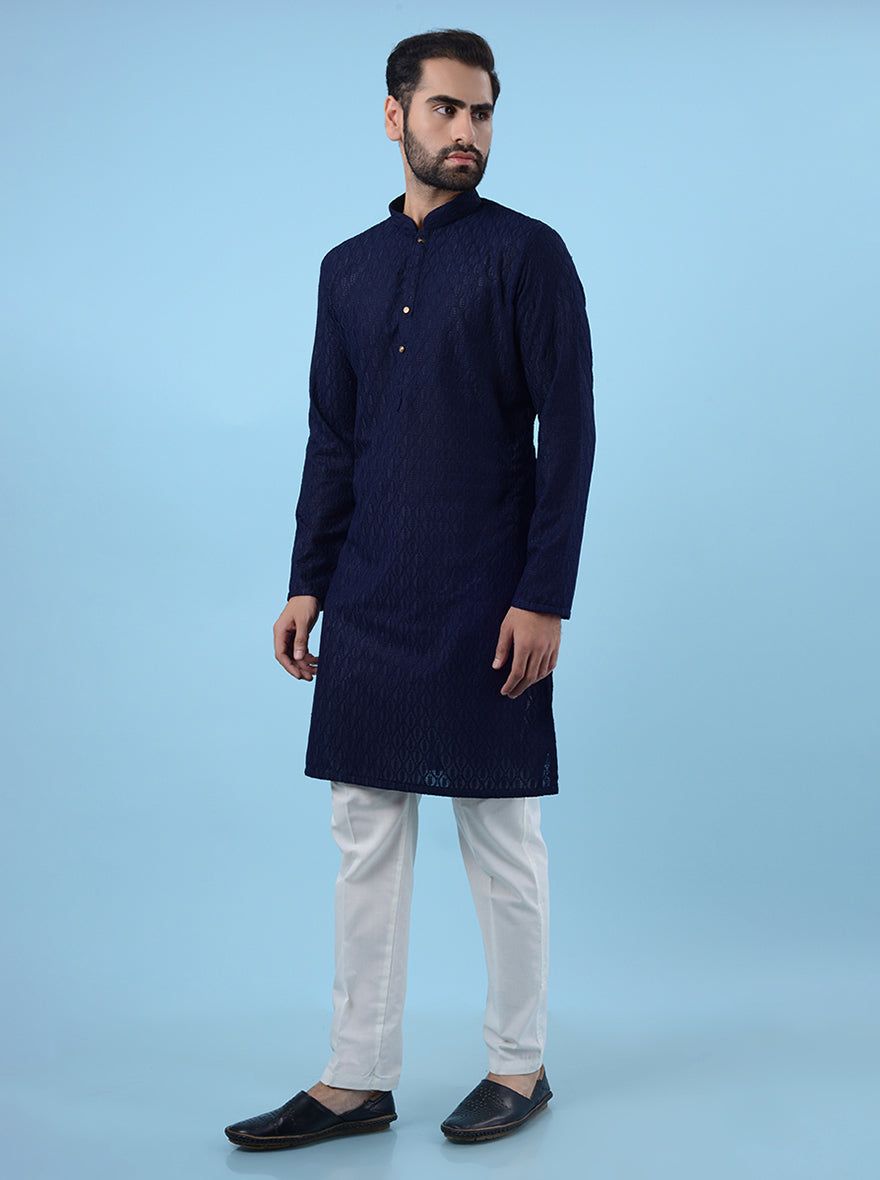 Stylish navy kurta set, crafted from silk blend for elegance.