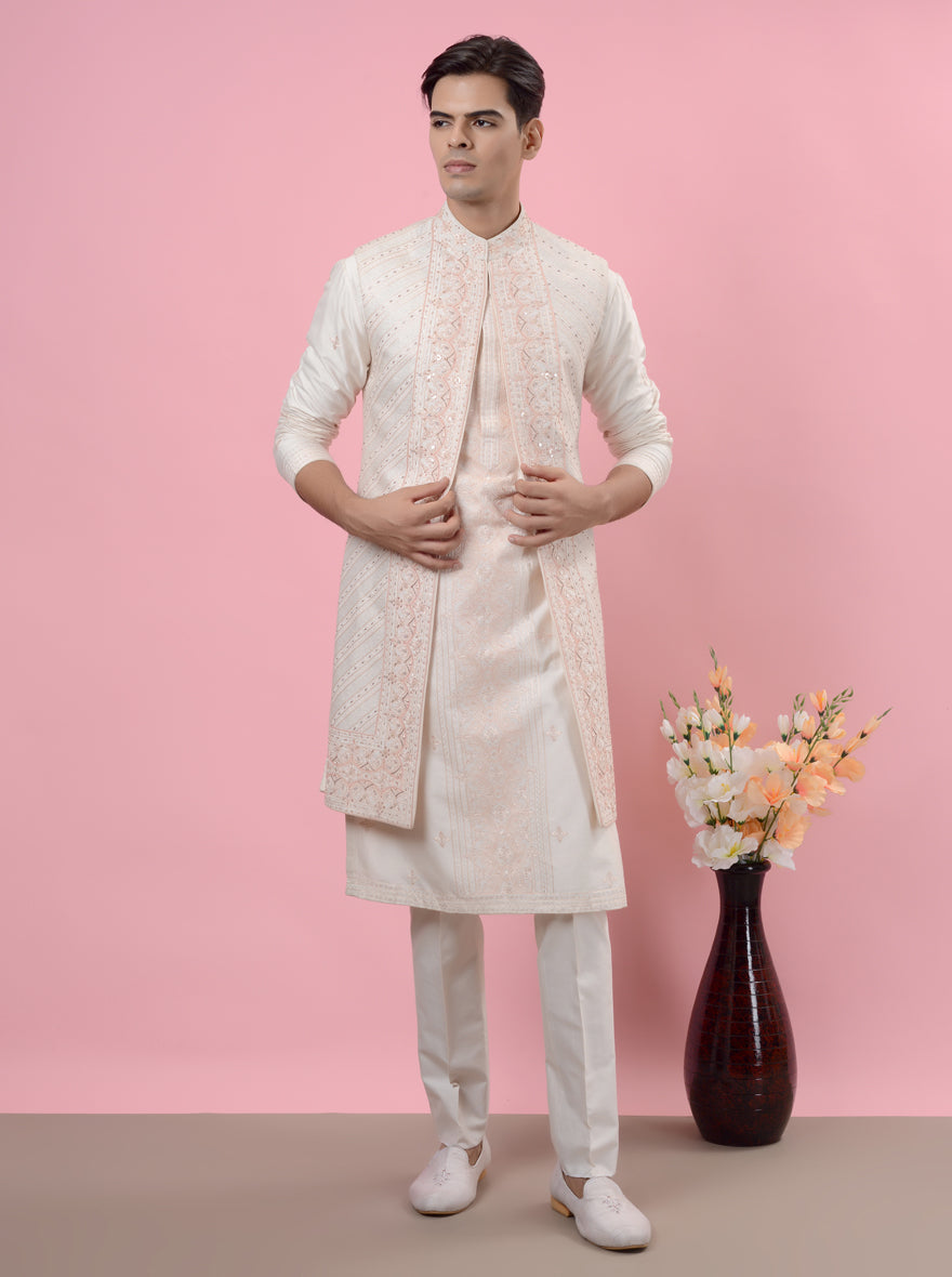 Stylish Cream & Peach Sherwani designed for grooms, ensuring you stand out at any wedding.