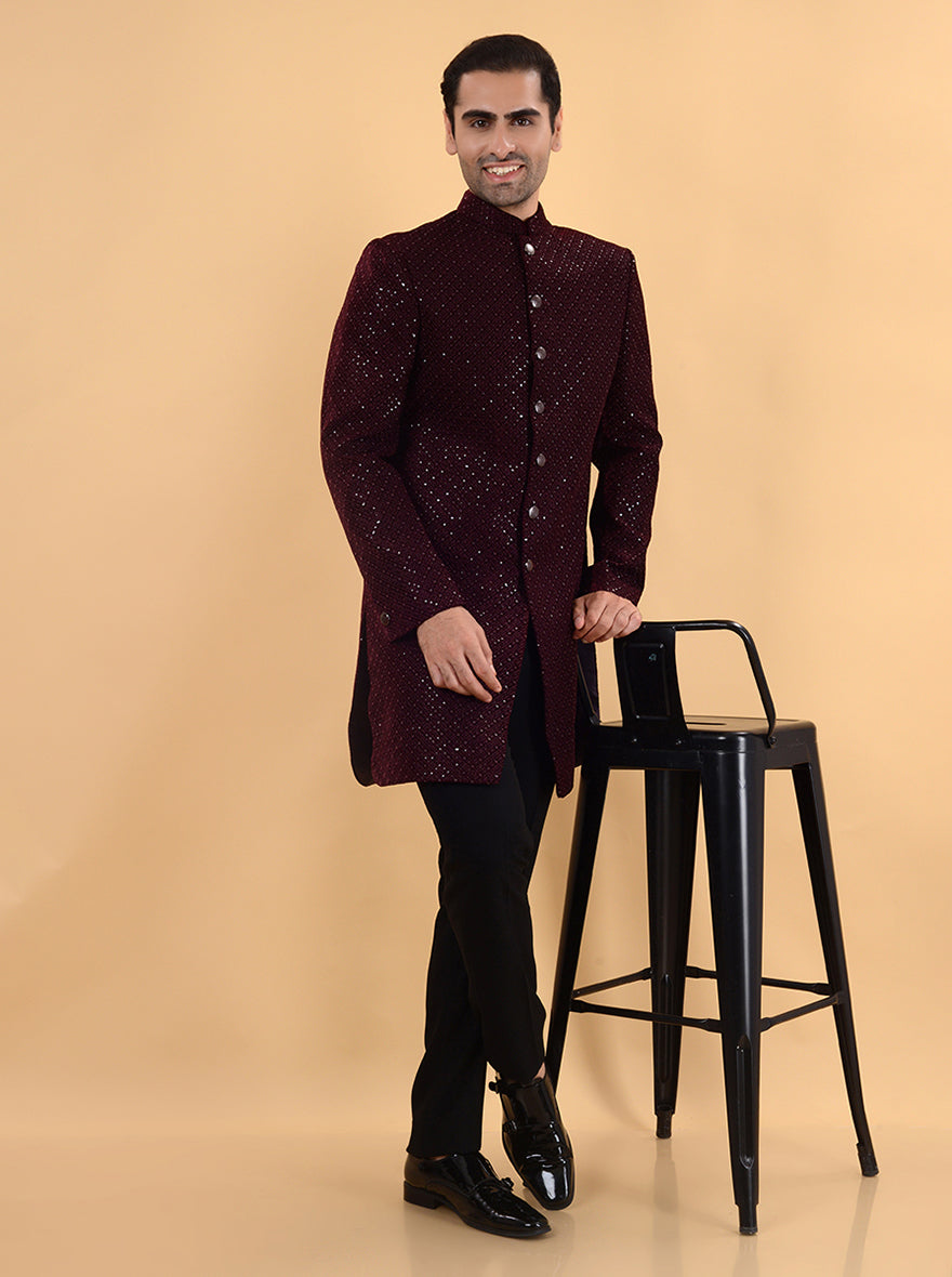 Make a statement at events with our stunning Maroon Indo Western outfit, blending traditional elegance with modern comfort.