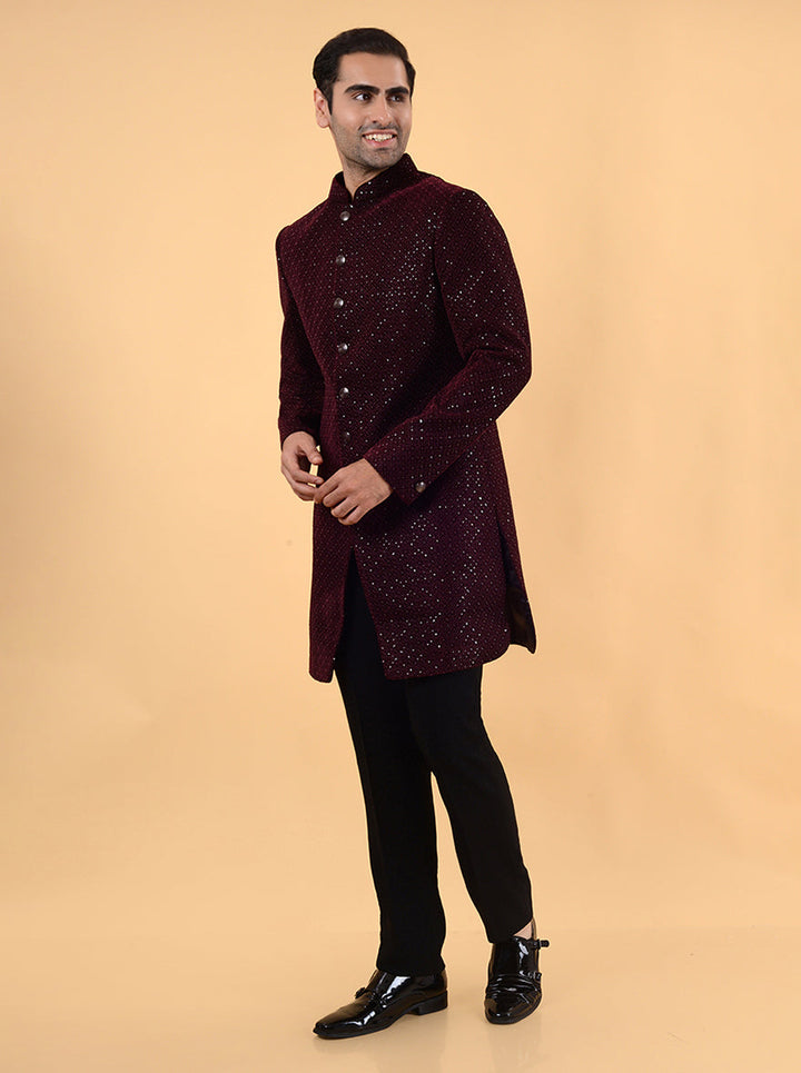 Step into luxury with this Maroon Indo Western outfit for men, handcrafted from velvet for special occasions in the USA.