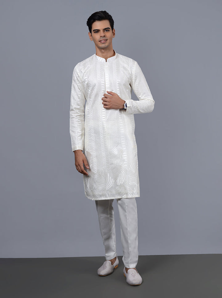 Comfortable white kurta pajama in silk blend, ensuring style and charm for every special event in the USA.