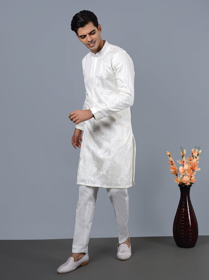 Timeless white kurta pajama crafted from silk blend, offering charm and comfort for celebrations in the USA.