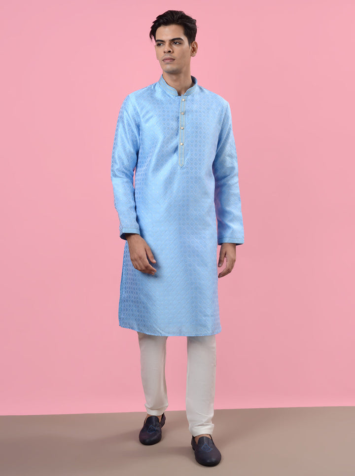 Unique self-designed sky-blue kurta pajama that adds charm to your festive wardrobe in the USA.