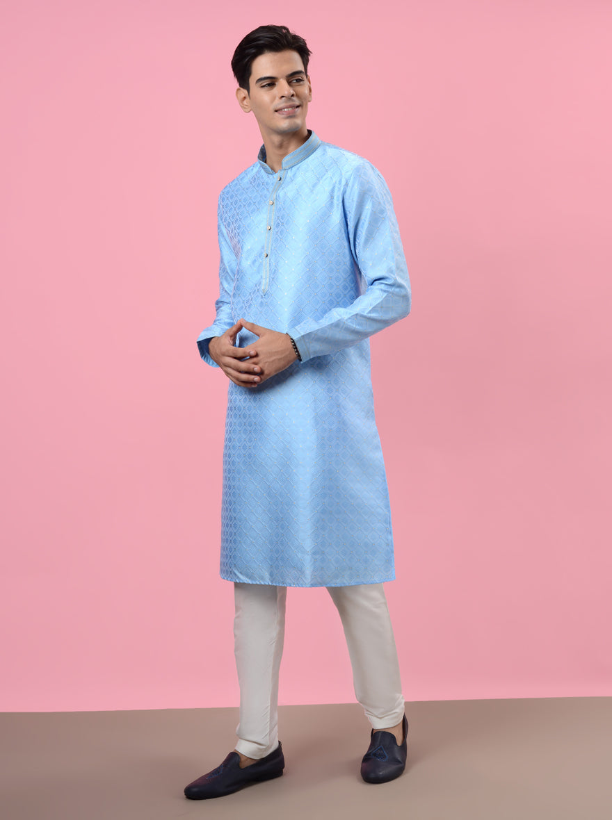 Elevate your appearance with our sky-blue silk jacquard kurta pajama, designed for festive occasions.