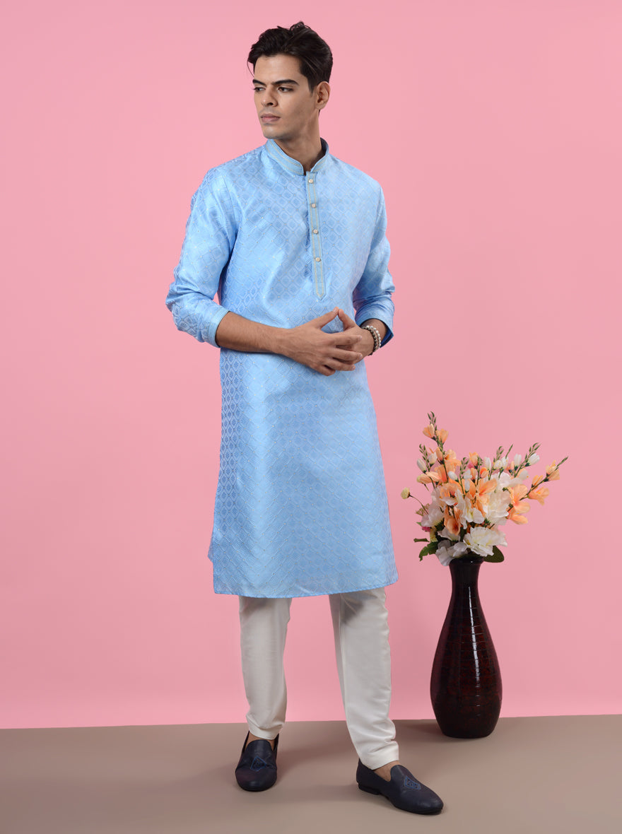 Sophisticated sky-blue silk jacquard kurta pajama for men, perfect for gatherings and celebrations.