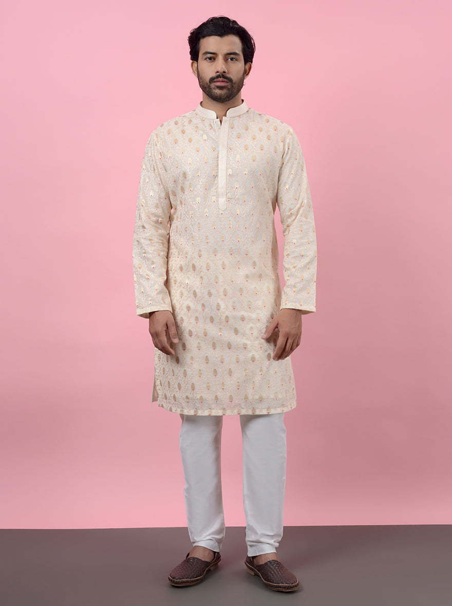 Stylish cream kurta pajama, embroidered silk for USA men’s wedding events.