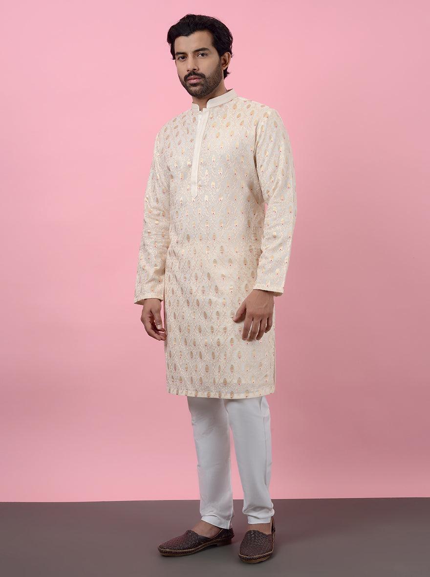 Silk fabric cream kurta pajama, designed for USA men’s wedding occasions.