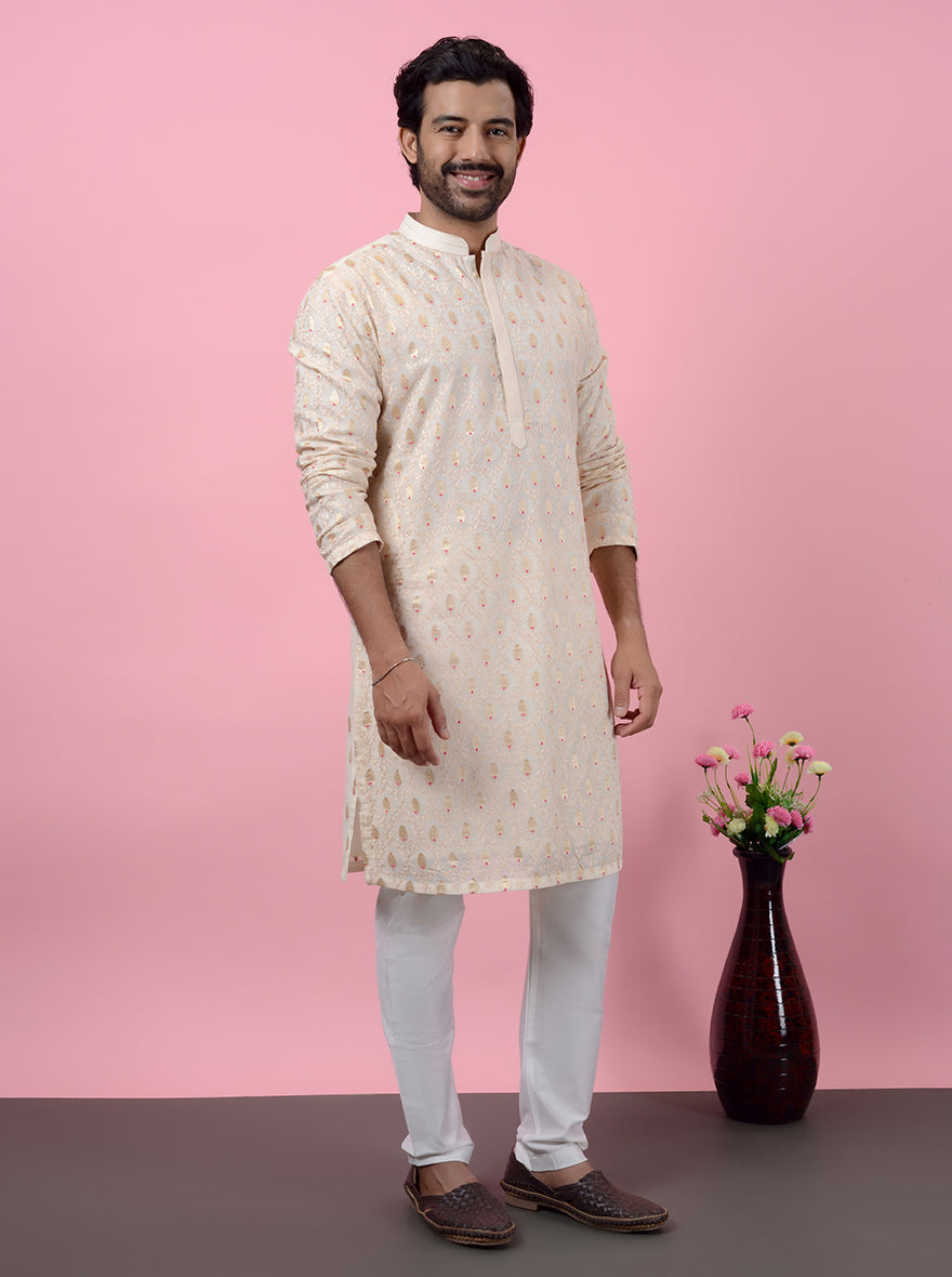 Elegant cream embroidered kurta pajama, perfect for USA wedding celebrations.