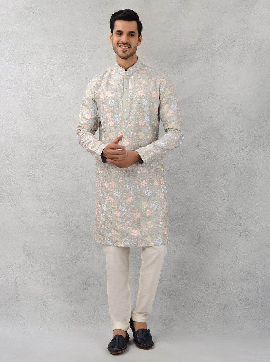 Men’s grey embroidered silk kurta pajama, USA traditional wear