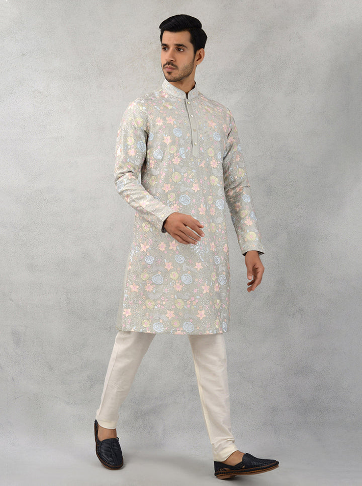 USA men’s grey kurta pajama, stylish mandarin collar for festivals