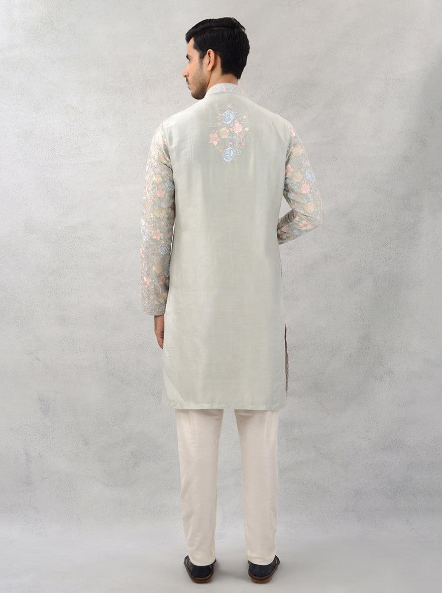 Grey silk kurta pajama for men, embroidered festive USA attire