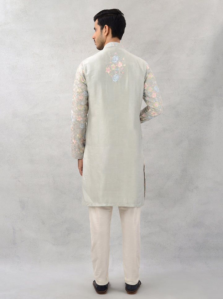 Grey silk kurta pajama for men, embroidered festive USA attire