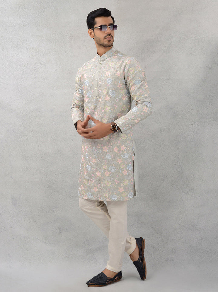 Stylish grey silk kurta pajama, ideal for USA men’s celebrations