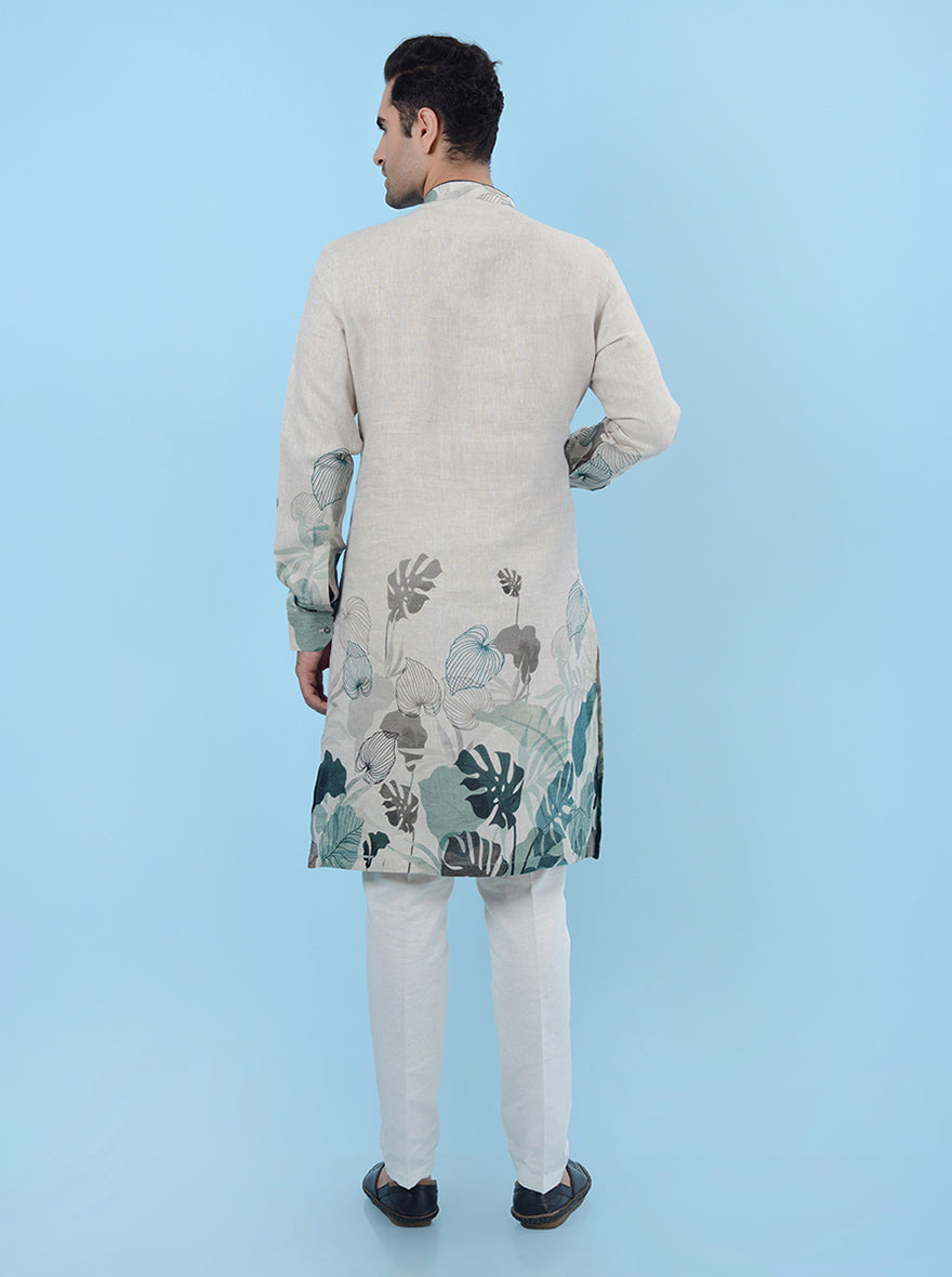 Elegant beige linen kurta pajama set for men, perfect for traditional and festive occasions.