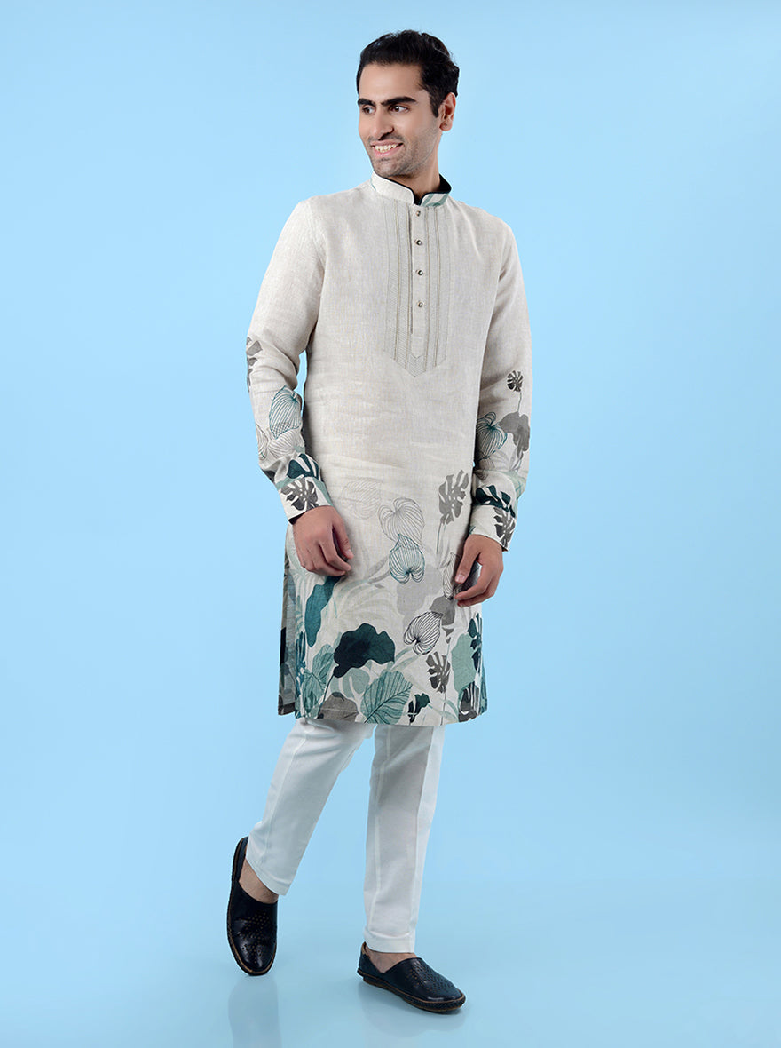 Casual beige linen kurta for men, perfect for festive ethnic wear and cultural celebrations.