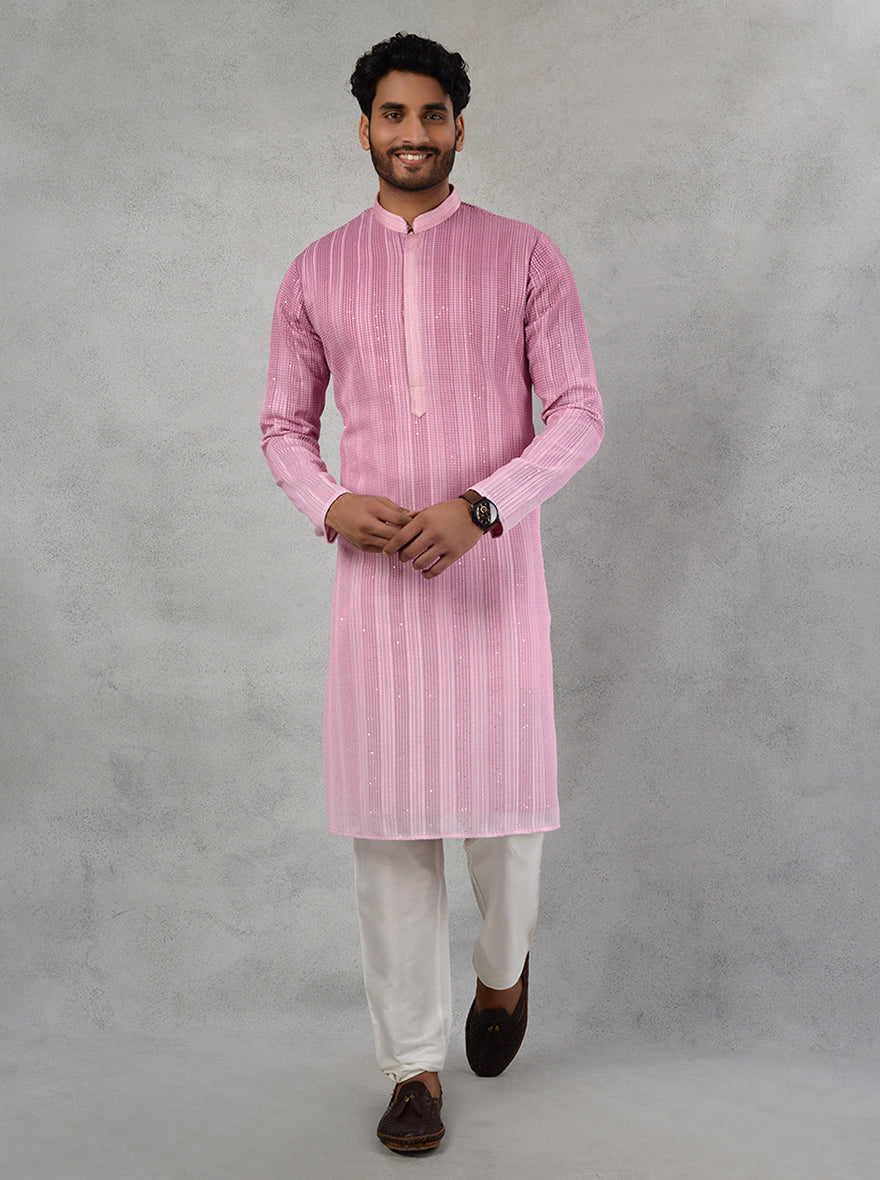 Traditional Pink Ombre Georgette Kurta Pajama for Men, Resham & Sequin Embroidery, Ideal for Weddings