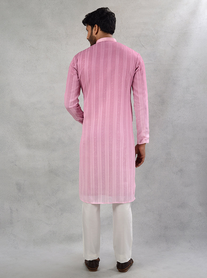 Men's Pink Ombre Georgette Kurta Pajama with Intricate Resham & Sequin Embroidery, Ideal for Events