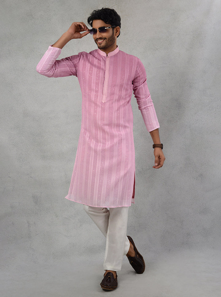 Festive Pink Ombre Georgette Kurta Pajama for Men with Resham & Sequin Detailing, Traditional Wear