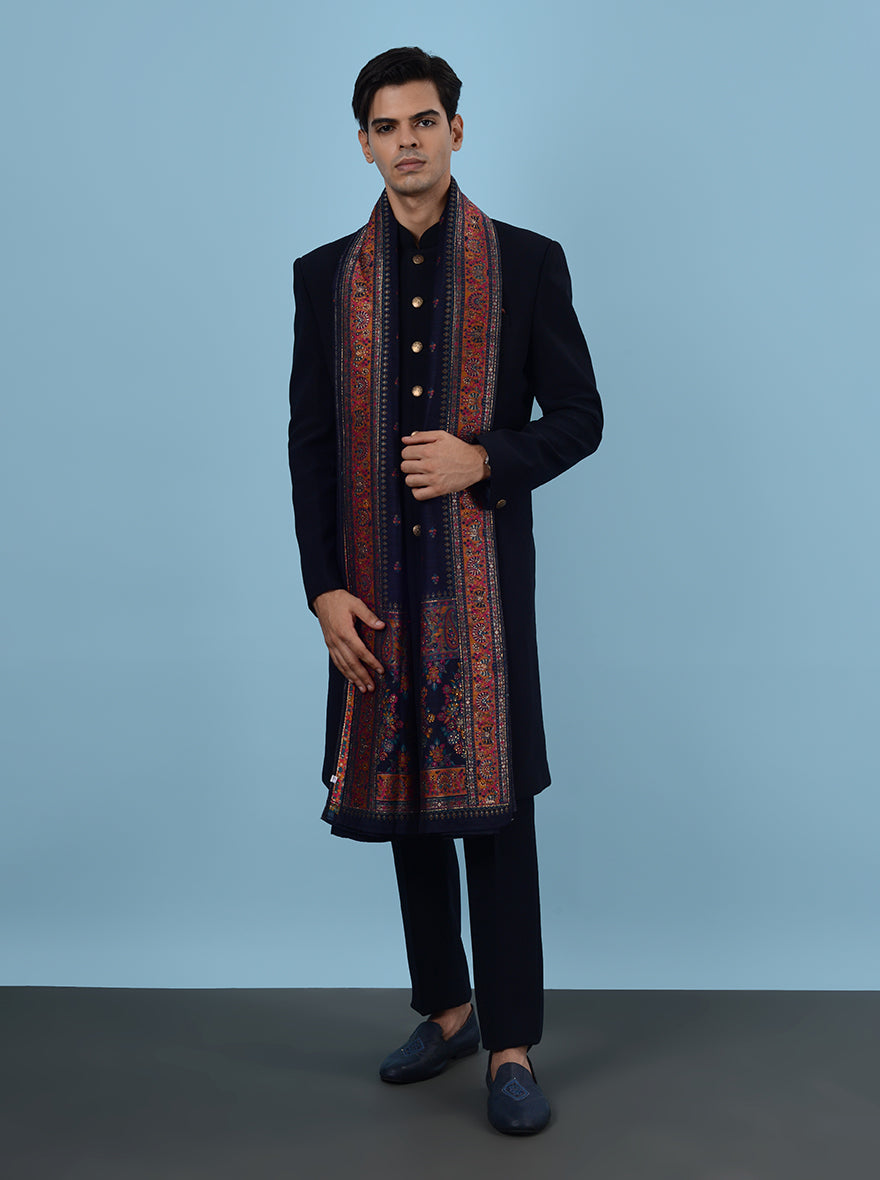 Elevate your wardrobe with this navy blue Indo Western, crafted from premium poly fabric for ultimate comfort and elegance.