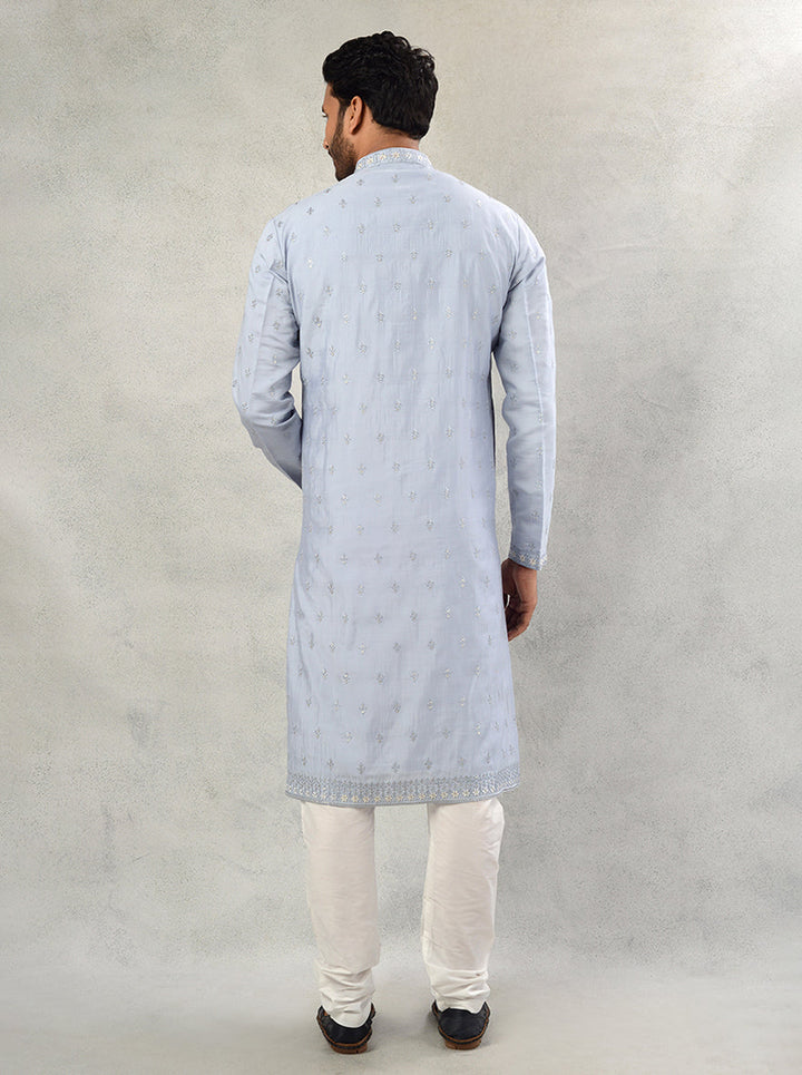 Celebrate occasions in comfort with this stylish greyish blue linen kurta pajama set for men.