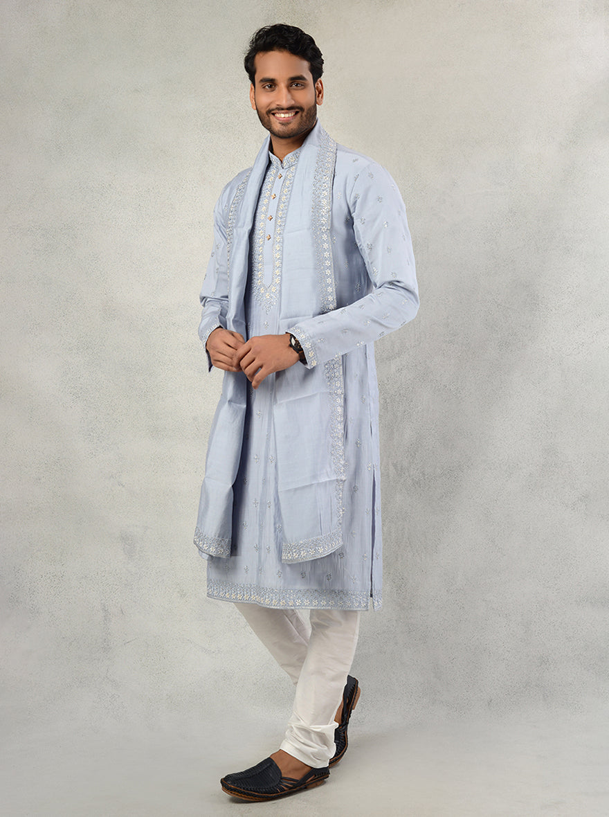 Step into style with this greyish blue kurta pajama, crafted from soft linen for a sophisticated look.