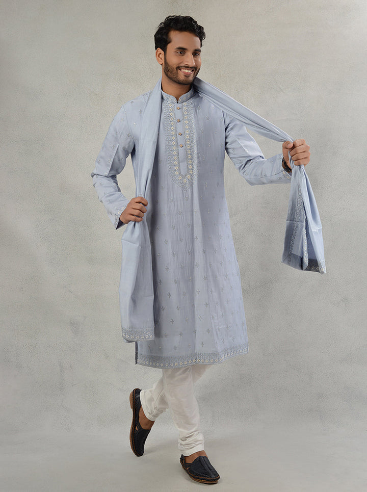 Ideal for any event in the USA, this greyish blue kurta pajama combines charm and comfort effortlessly.