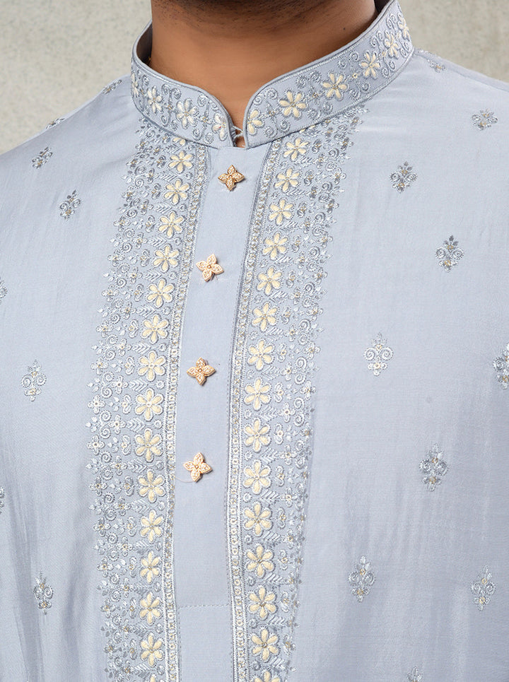 Greyish Blue Linen Men's Kurta Pajama with Resham Embroidery, Perfect for Ethnic Wear