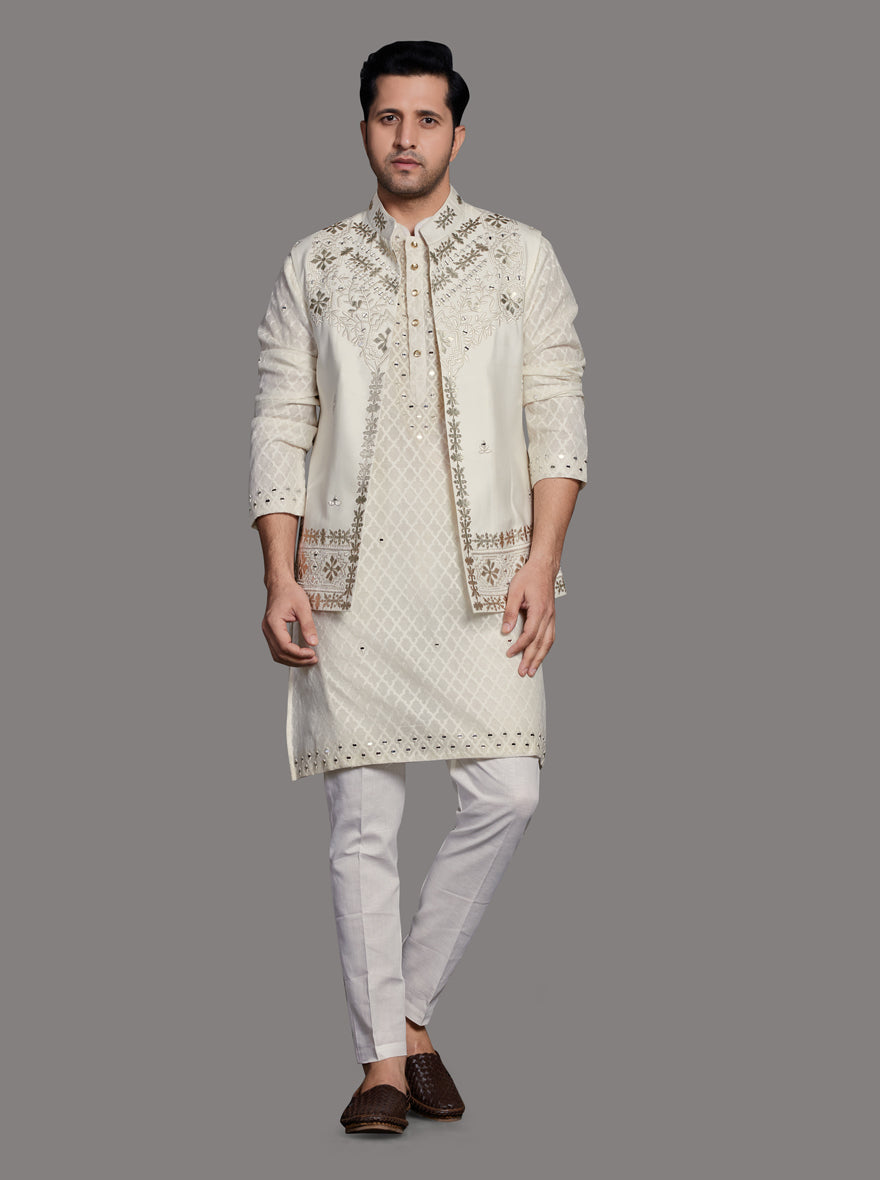 Sophisticated Cream Kurta Set in silk blend, perfect for festive occasions and family celebrations in the USA.