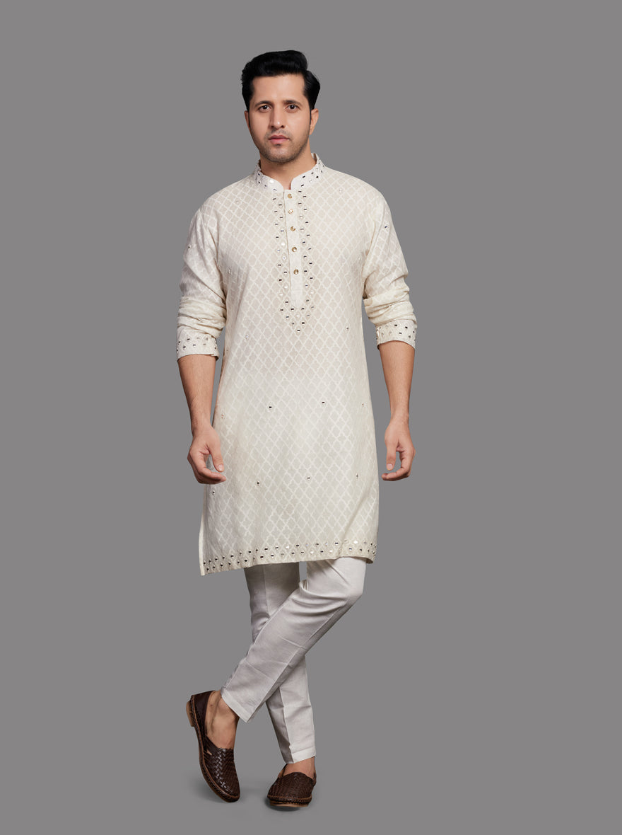 Traditional cream kurta pajama set for men with Koti, perfect for festive wear.