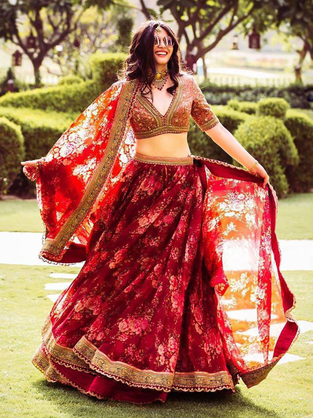 Designer Wedding Lehenga | Maroon Floral Organza & Velvet Lace