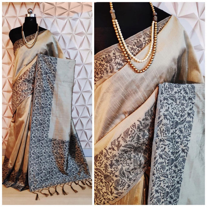 Exquisite cream Banglori raw silk saree with a luxurious pallu, perfect for Indian celebrations.