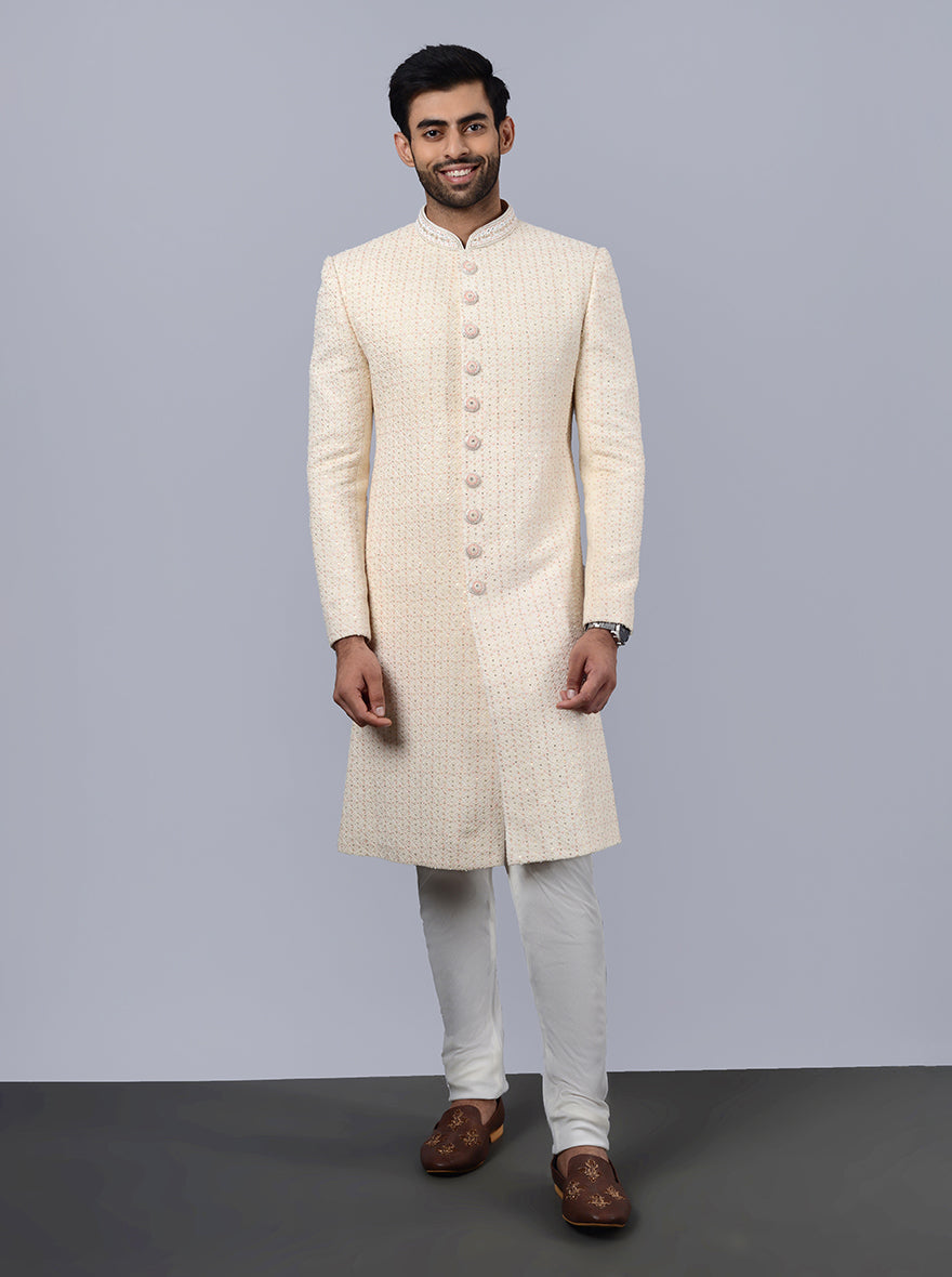 High-quality cream sherwani, designed for grooms seeking elegance and comfort on their wedding day.