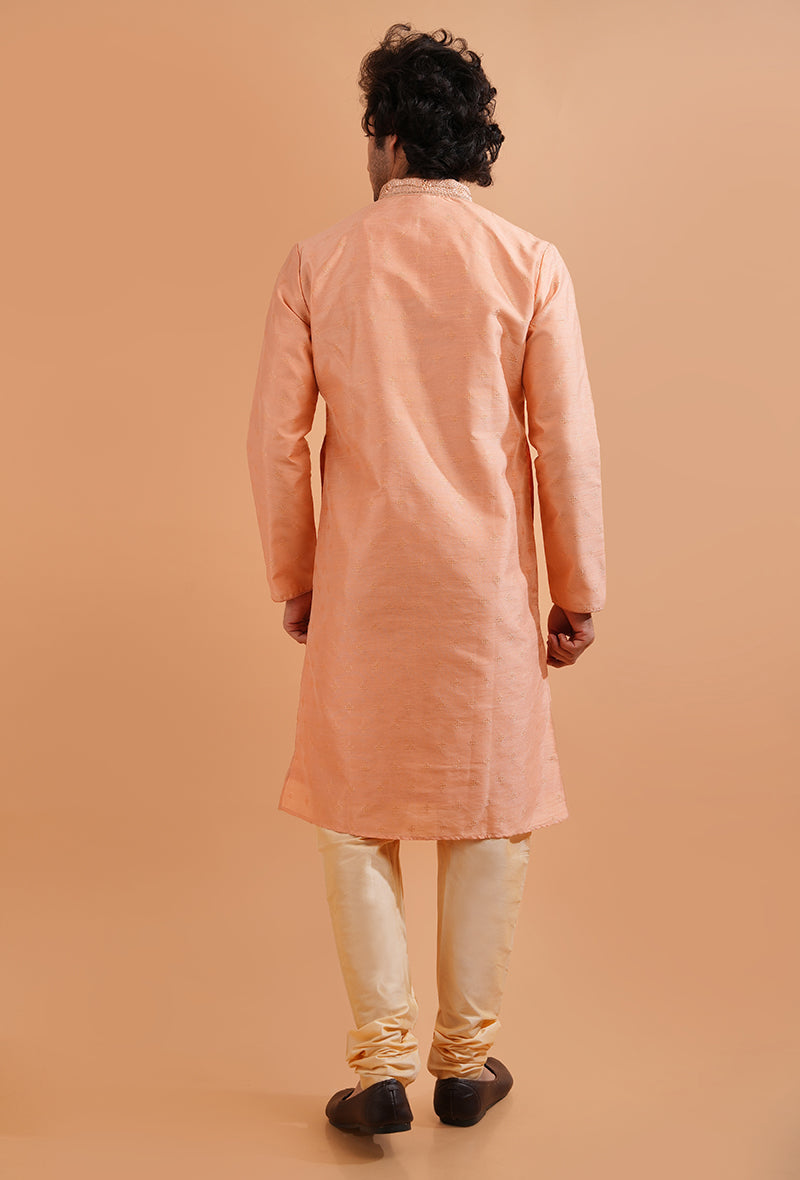 Embrace tradition with this chic peach silk kurta pajama for men, ideal for festive celebrations in the USA.