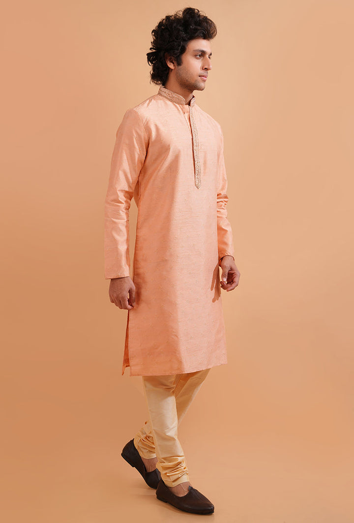 Discover the comfort of this unique peach silk kurta pajama, designed for modern men in the USA.