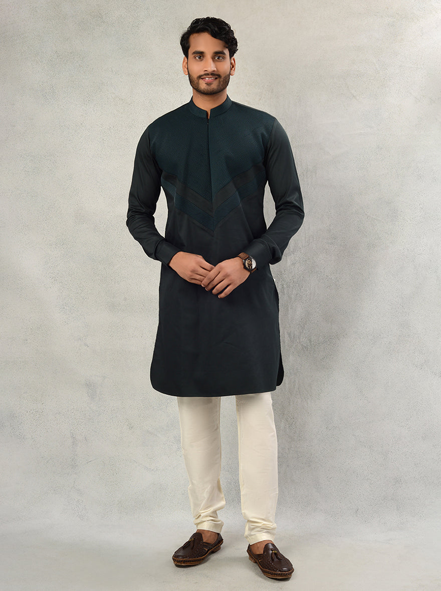 Elevate your festive wardrobe with this stylish Bottle Green Silk Blend Kurta Pajama, crafted for elegant occasions.