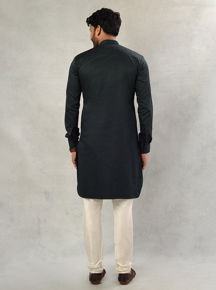 Men's Bottle Green Silk Kurta Pajama with Straight-Cut Design, Stylish Traditional Wear