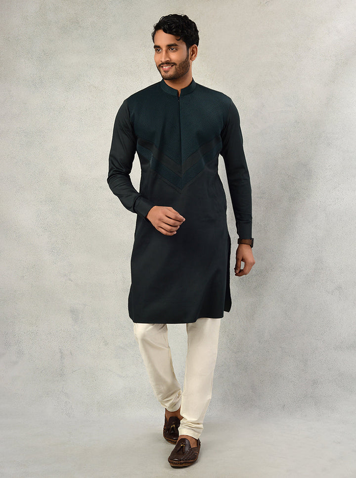 Classic Bottle Green Silk Kurta Pajama for Men, Perfect for Weddings and Formal Celebrations